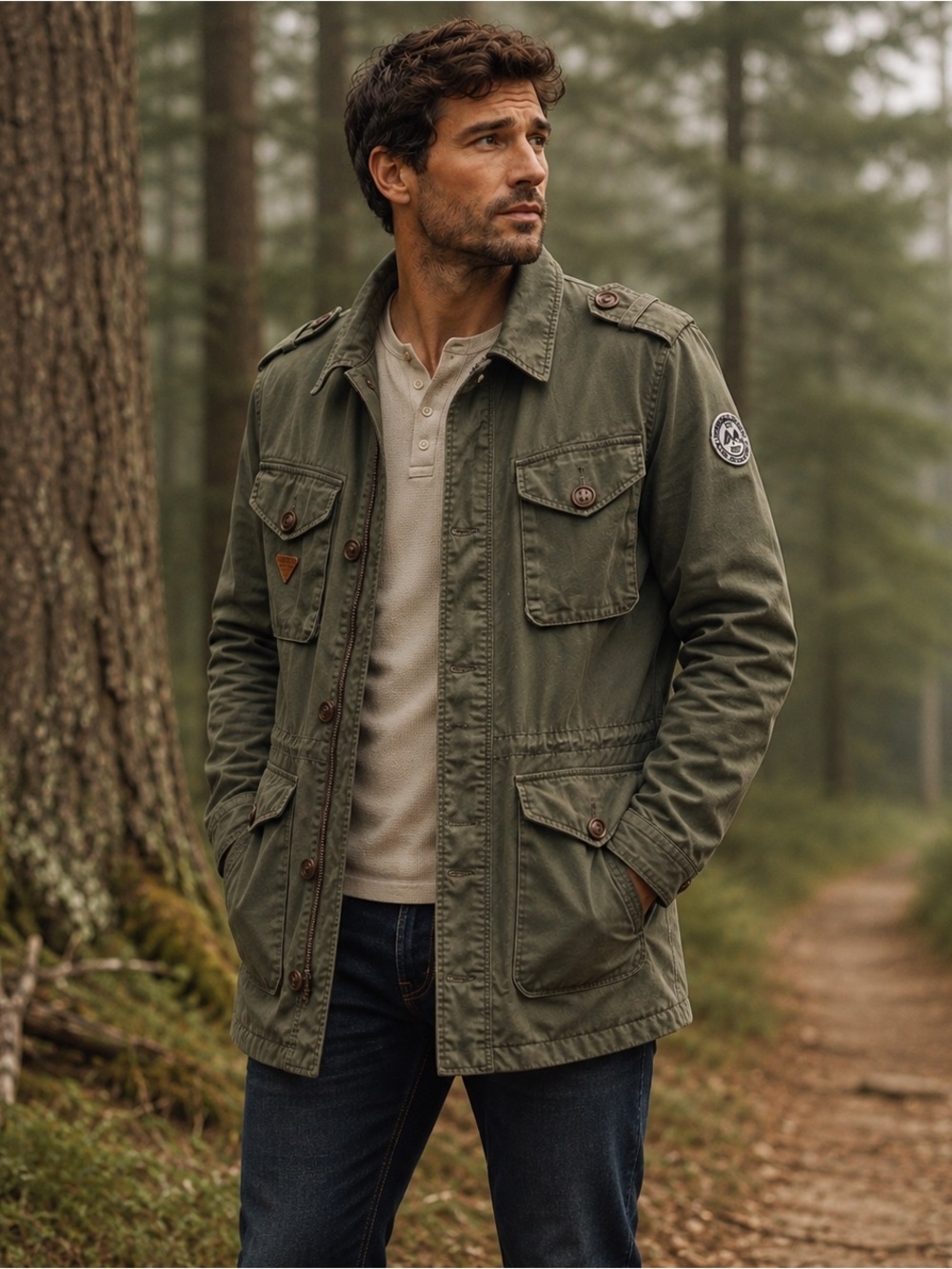 Lindbergh Mens M Olive Field Jacket Utility Military Safari Cotton Zip Button